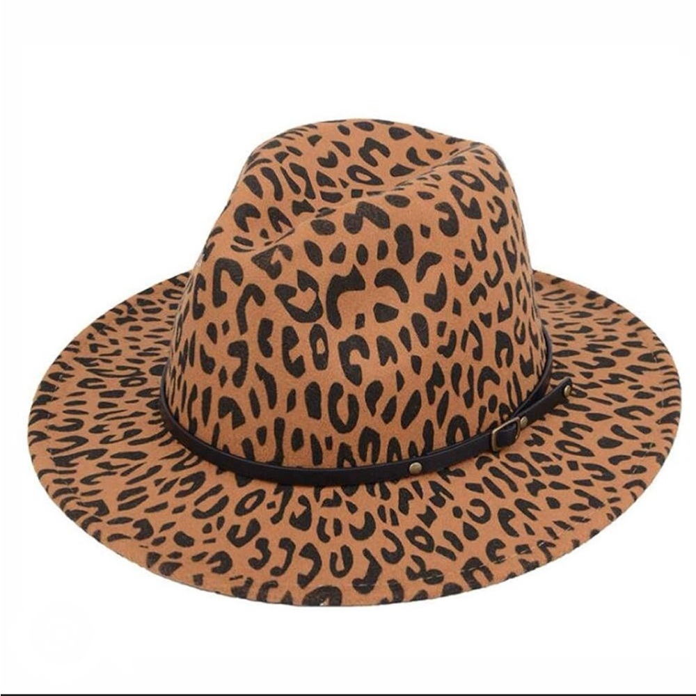 NWT Women Leopard Print Wide Brim Fedora Hat with Belt Sun Hat Festival